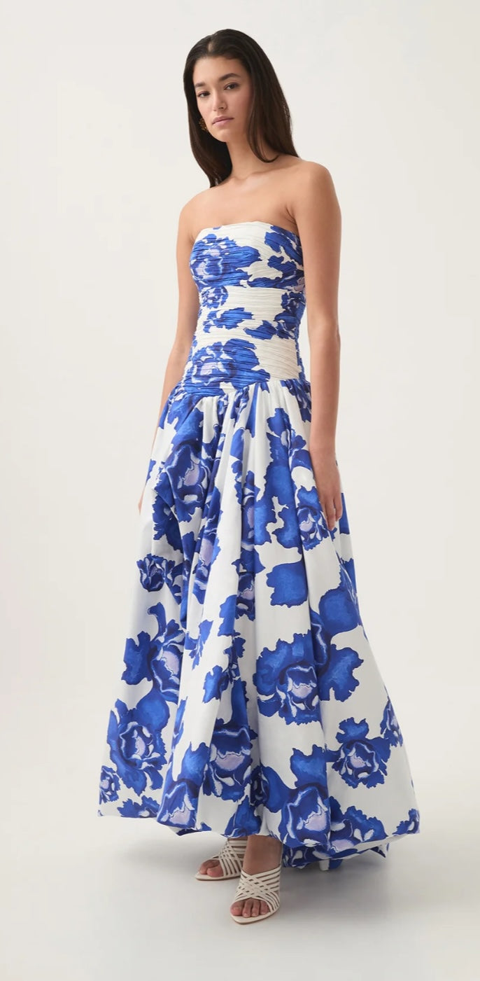 AJE Behold Maxi Dress cobalt blue side view. Available to rent in Auckland, New Zealand.