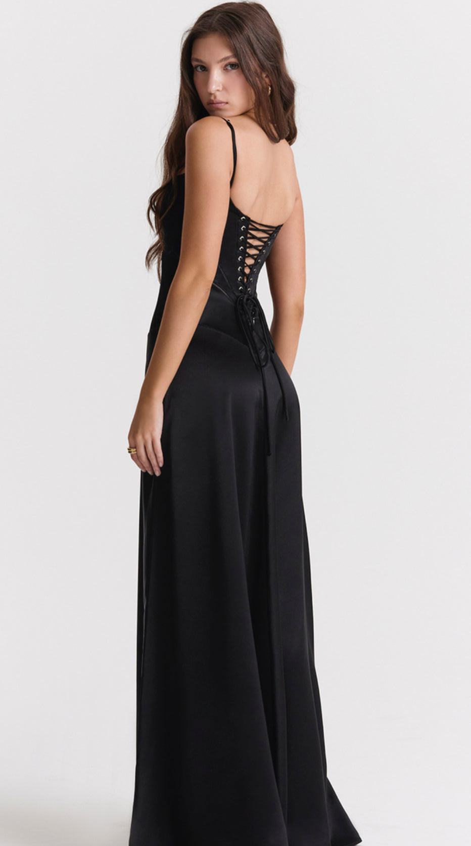 House of CB Annabella Black Dress with lace up back detail. Back and side view with white background