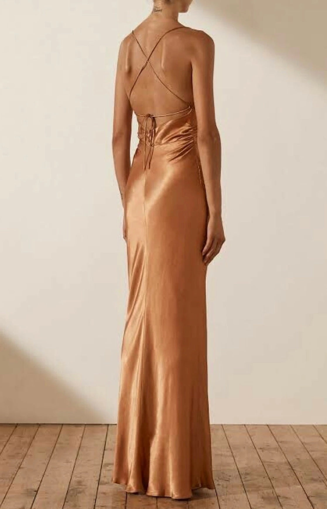 Shona Joy La Lune Lace Back Maxi Dress Copper back view.