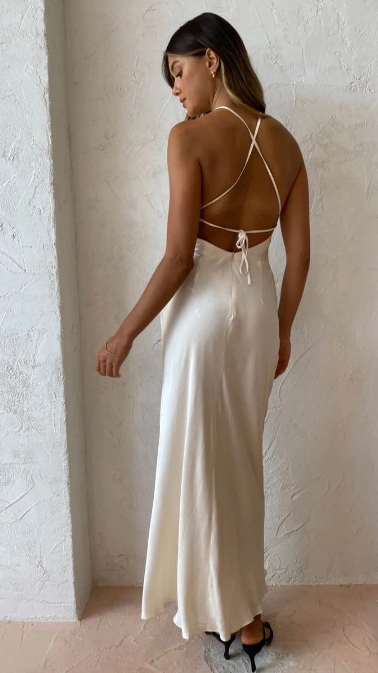 white christmas dresses La Lune Ruched Halter Maxi Dress | Cream | Dresses