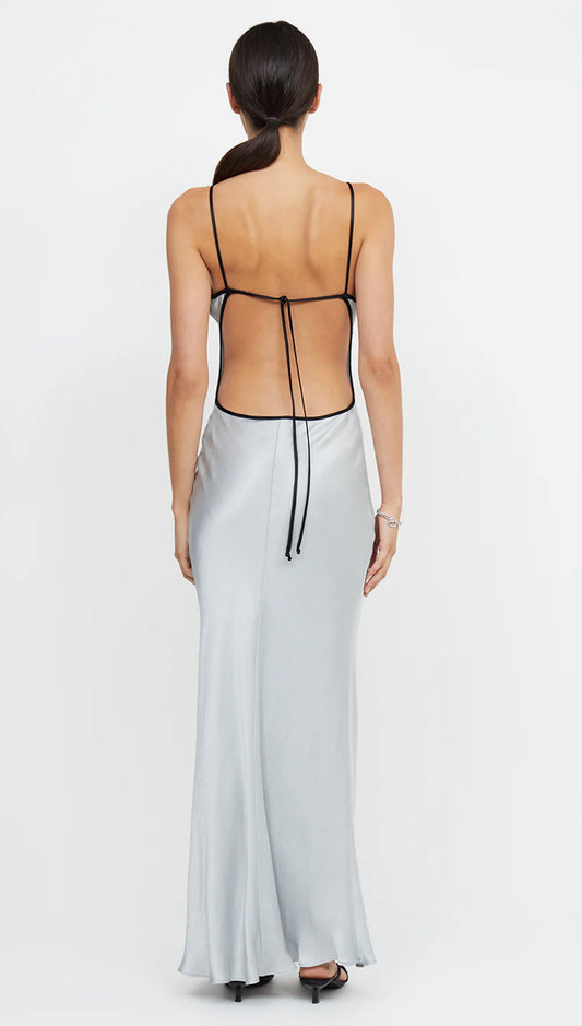 Bec & Bridge Cedar City Silver Maxi Dress rear view with white background
