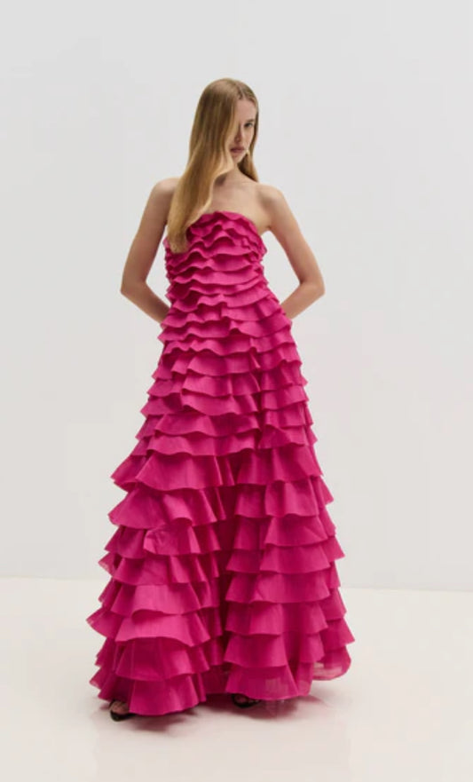 Aje Fleur Pleated Maxi Dress in Magenta pink. 