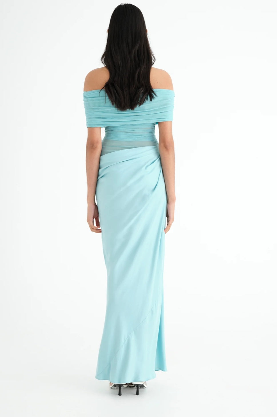 Aqua Blue Benni Nico off-shoulder dress with a draped waist showing the back view against a white background
