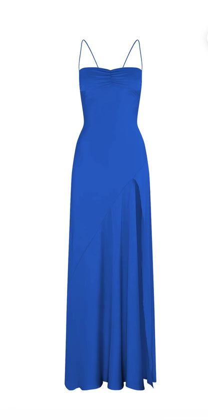 Hntr Gaia Gown in Azul Blue. Front view of dress on white background. 