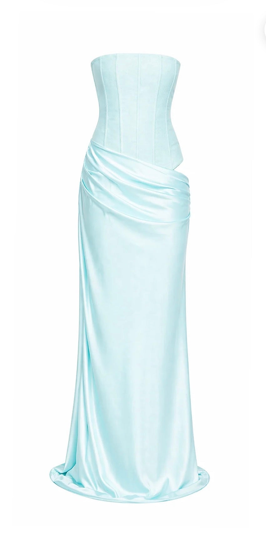 Light blue strapless gown on a white background