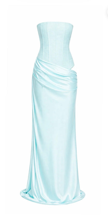 Light blue strapless gown on a white background