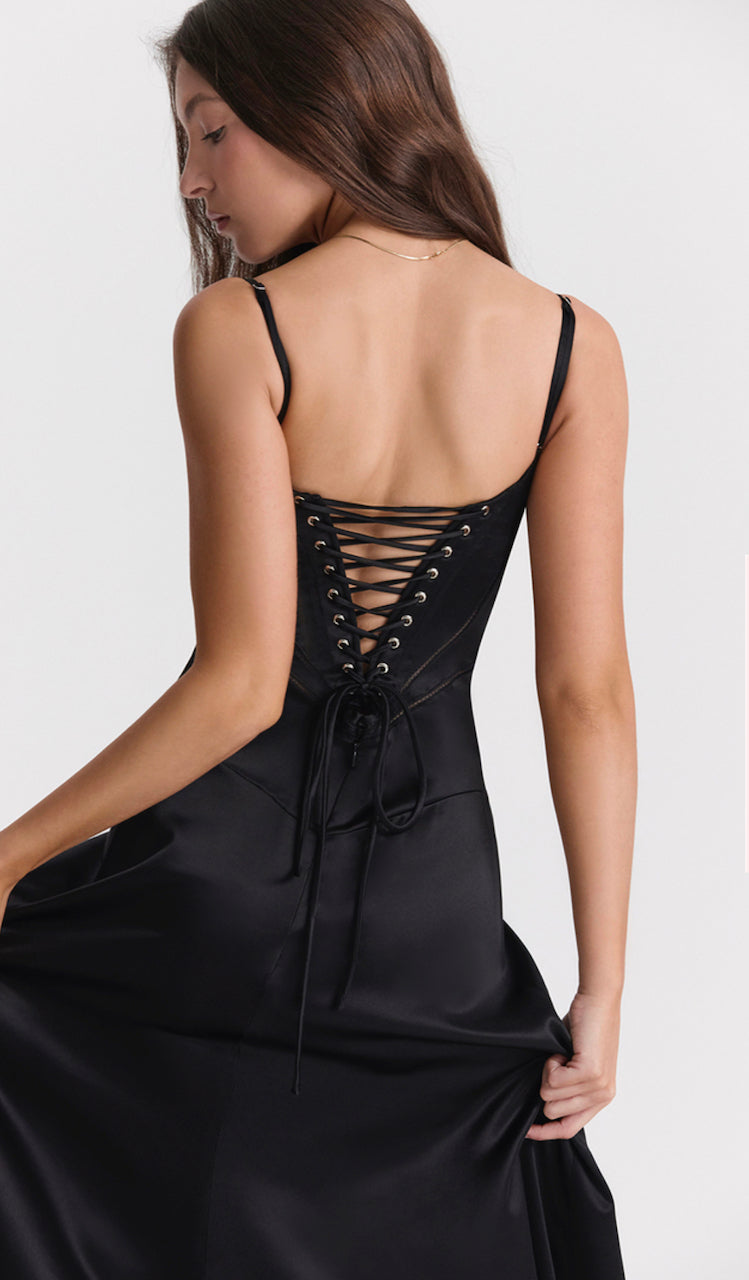 Close up of House of CB Annabella Dress corset lace up back.