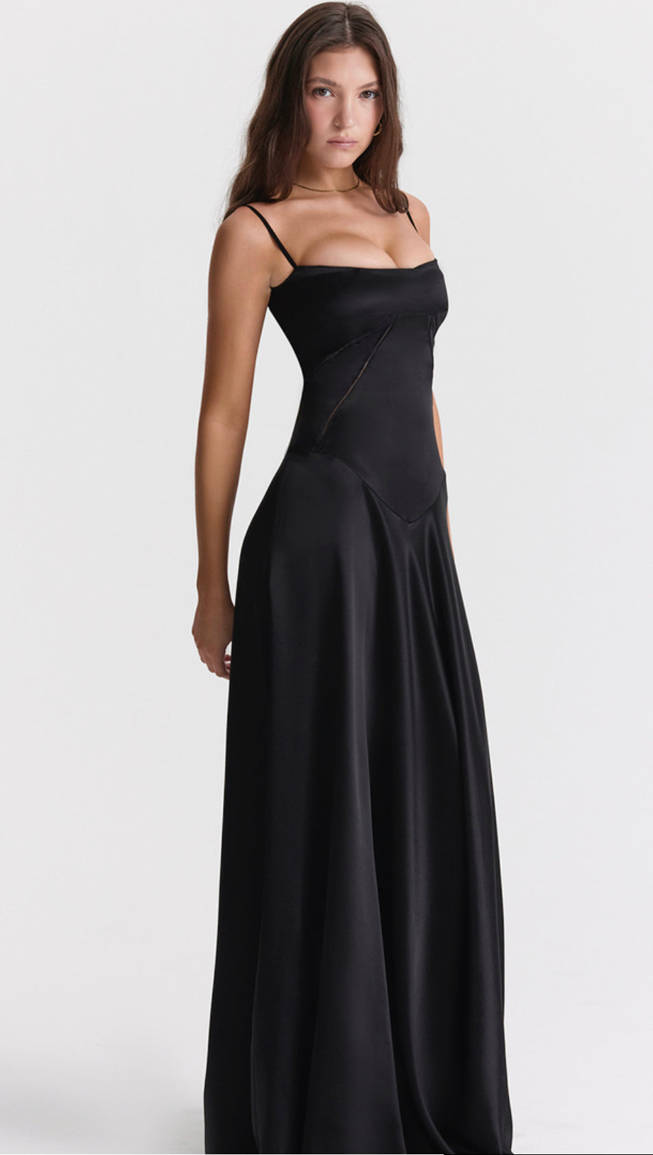 House of CB black satin dress rental Annabella. Front angled view with white background