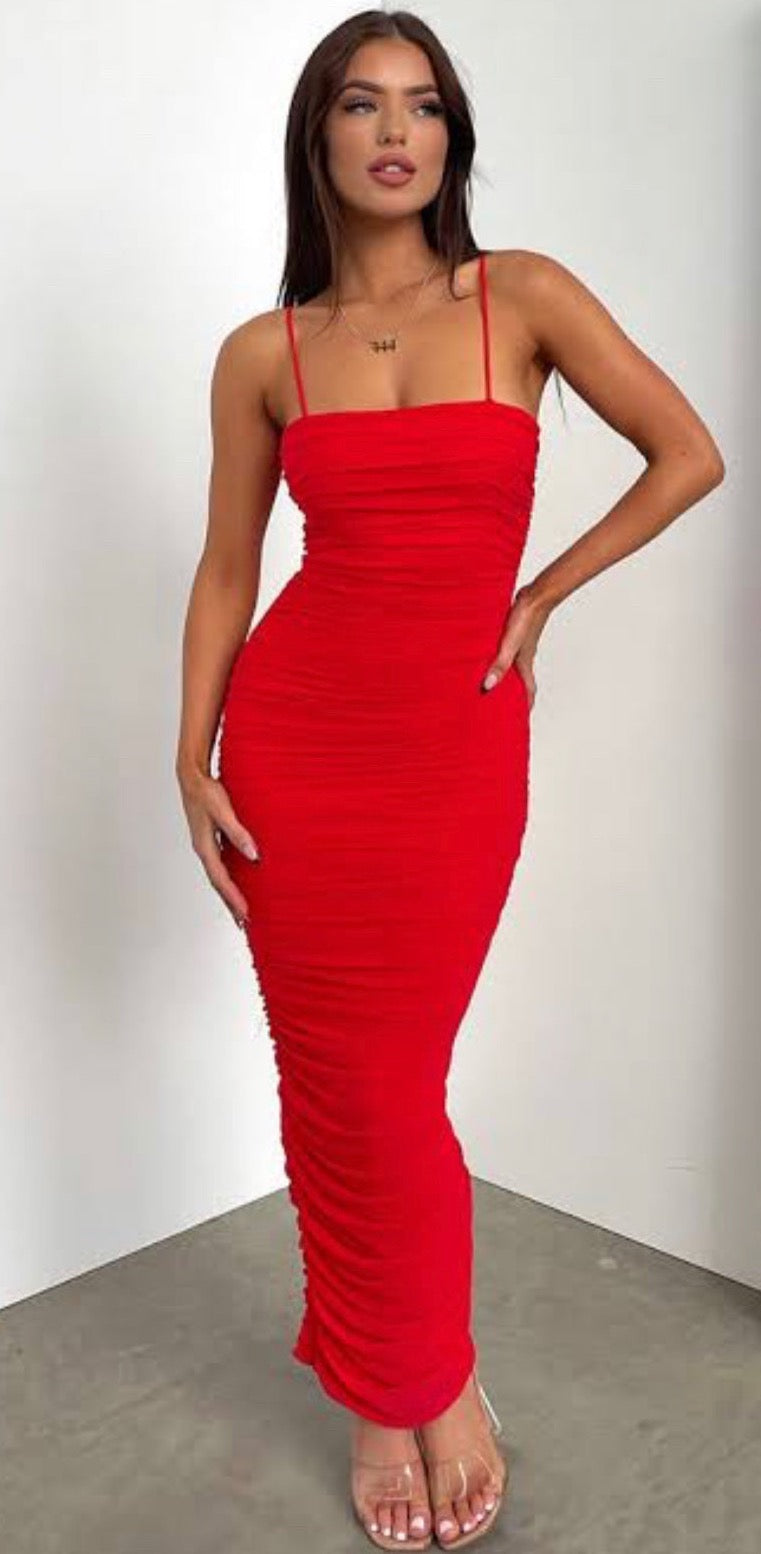 House of CB red dress rental NZ, Fornarina on model with dark hair in corner of white room