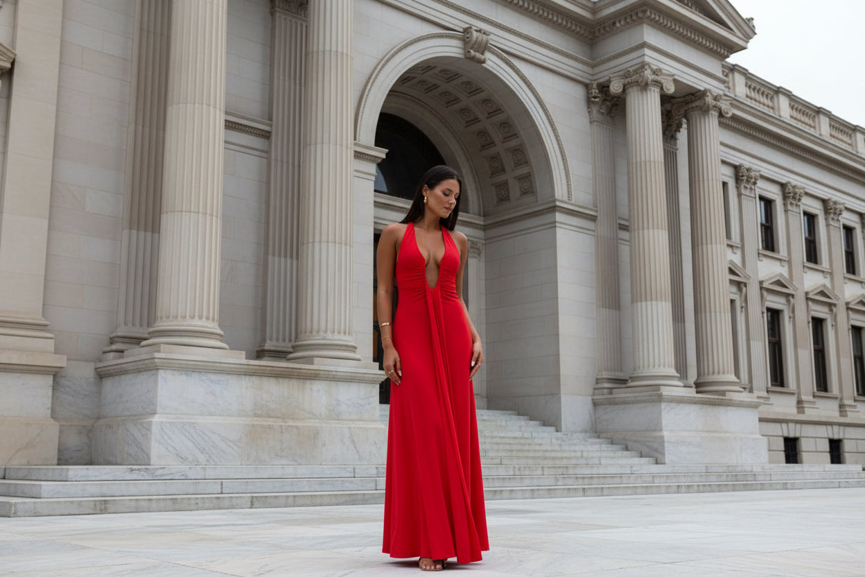 Misha Jennifer Cupro Dress in Red. Model stands looking down in front of a classical building. 
