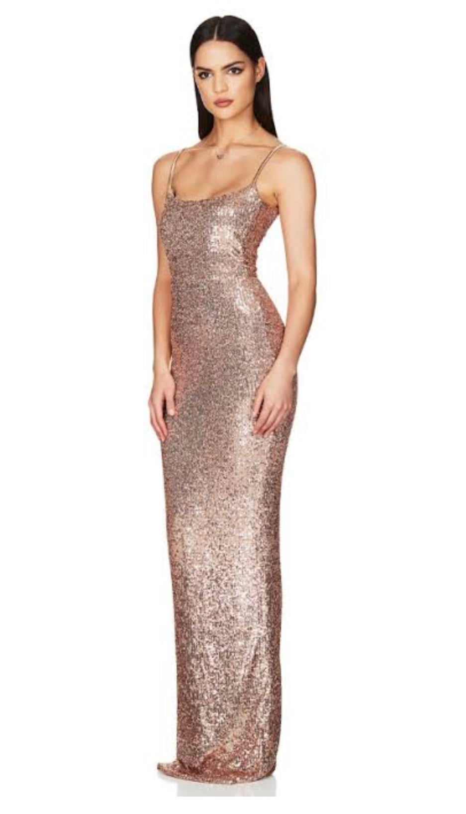Nookie Lovers Gown in Rose Gold angled front view with white background 