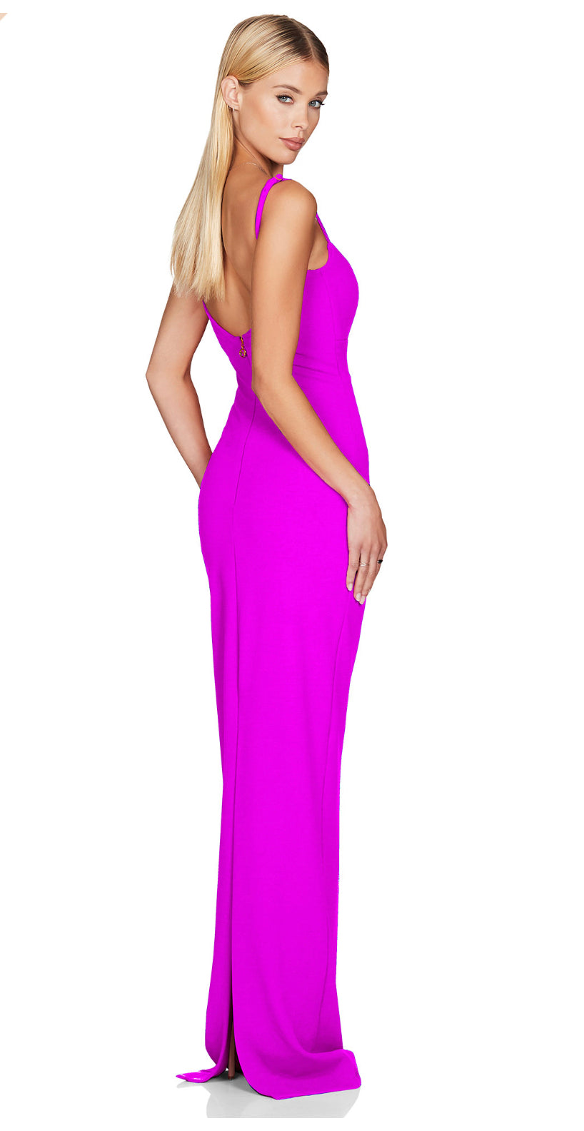 Nookie Bailey Gown in Electric Pink showing rear view with white background and midel turned looking towards the camera with side and back in view.  