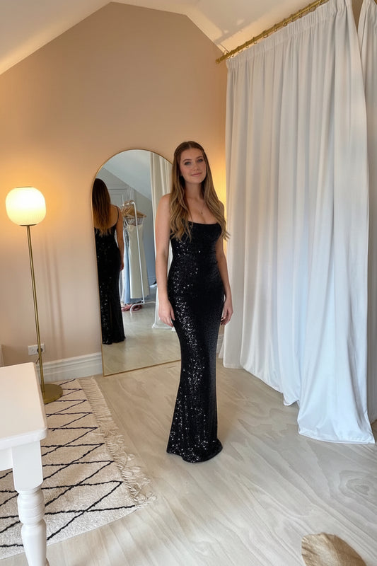 Nookie Lovers Gown Black Sequin Front View Model has dark brown hair