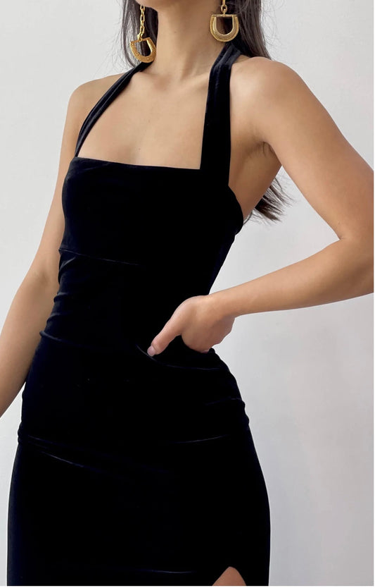 Black velvet halter neck dress by Nookie