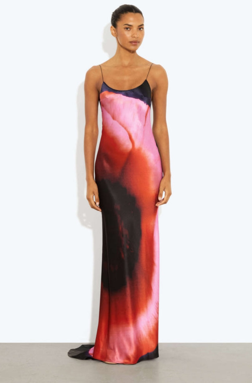 Rat & Boa Solaris Dress image shows woman wearing a long, colorful dress with a white background