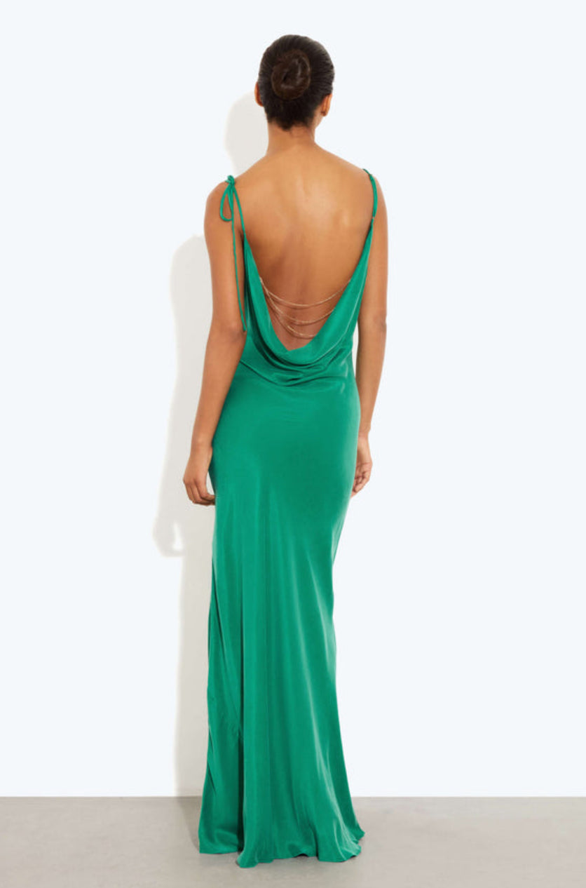 Green Rat and Boa Ophelia evening gown with open back on a white background