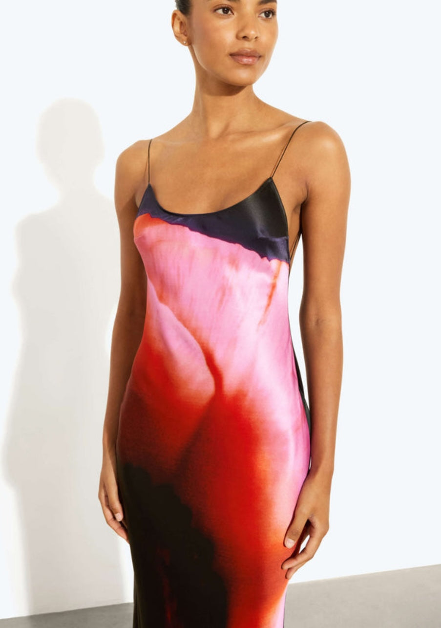 Rat & Boa Solaris Dress image shows woman wearing a colorful dress with a abstract design on a plain background