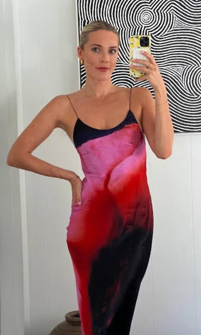 Rat & Boa Solaris dress for rent. Image shows woman taking a mirror selfie wearing a colorful dress with a black and white patterned wall in the background.