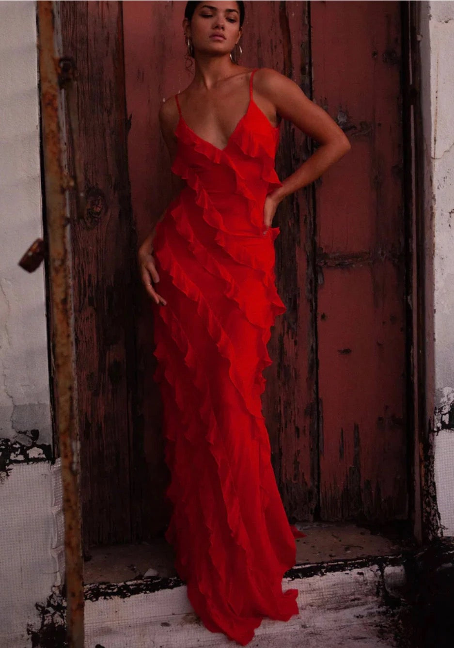 Rat & Boa Cecelia Dress Red silk chiffon with ruffles available to rent in Auckland, NZ