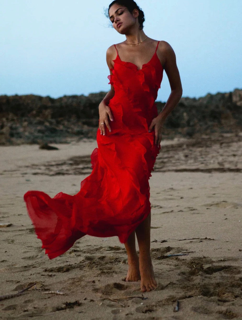 Rat & Boa Cecelia Dress Red silk chiffon with ruffles available to rent in Auckland, NZ