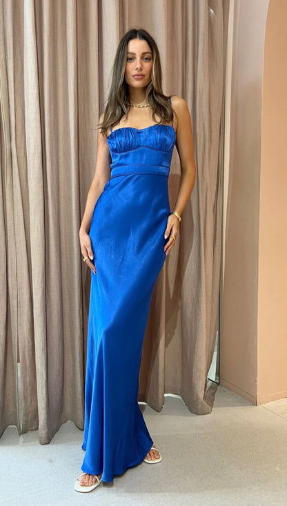 Shona Joy Oliveria Strong Blue Maxi Dress with curtain behind