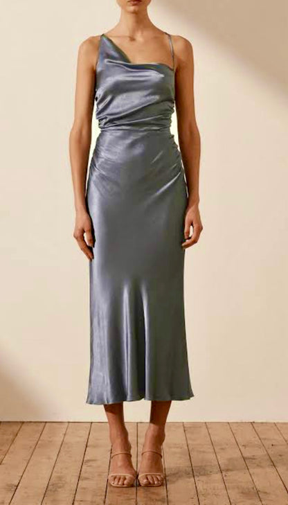 Shona Joy Blue Smoke Midid dress with asymmetrical neckline. Front view. 
