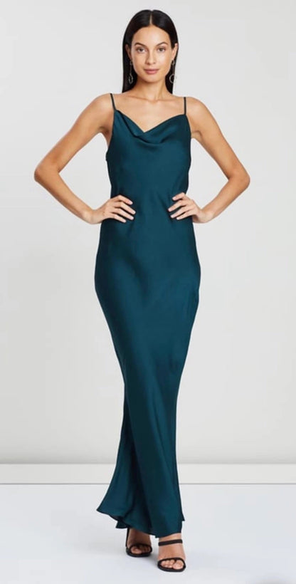 Shona Joy Luxe Bias Cowl Slip Dress Emerald Green front view arms on hips