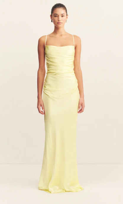 la lune strapless ruched bodice maxi dress lemon La Lune Lace Back Maxi Dress