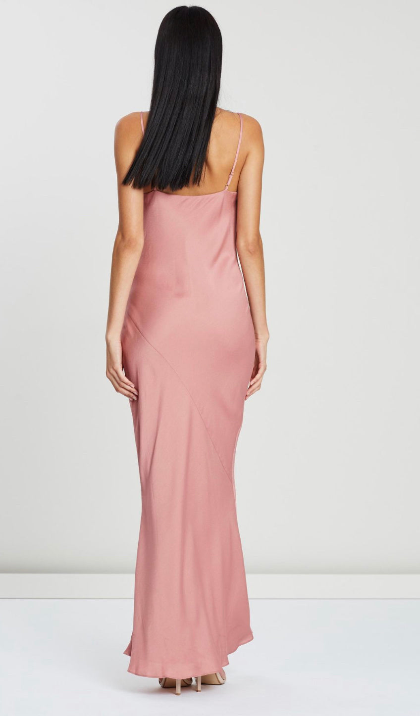 Shona Joy Luxe Bias Slips Dress maxi in rose pink. Back view