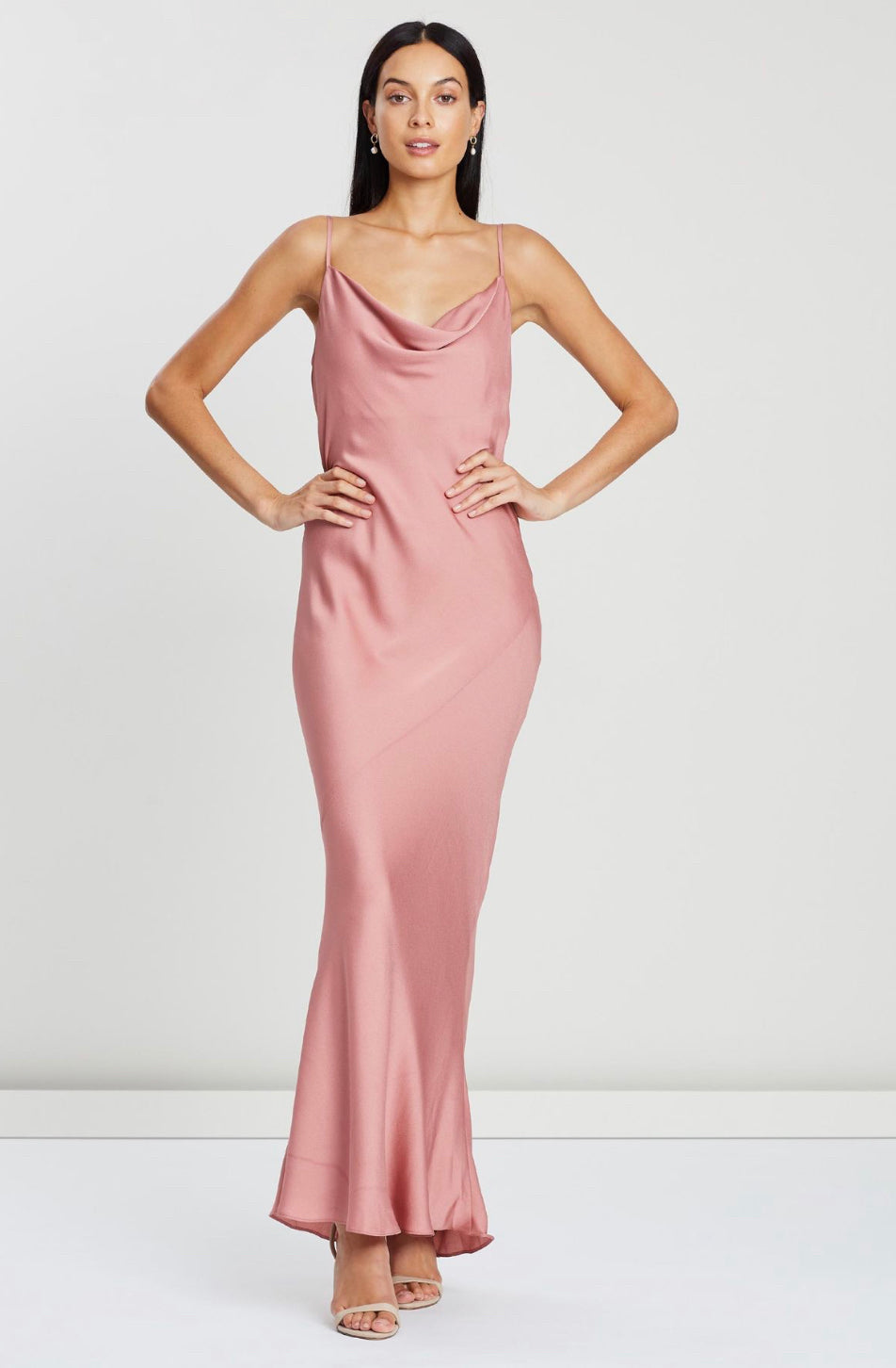 Shona Joy Luxe Bias Cowl Slip Dress front view of rose dress, model with hands on hips