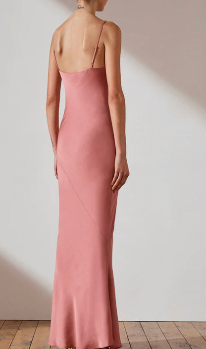 Shona Joy Luxe Bias Slip Maxi Dress in rose angled back view with white wall behind.