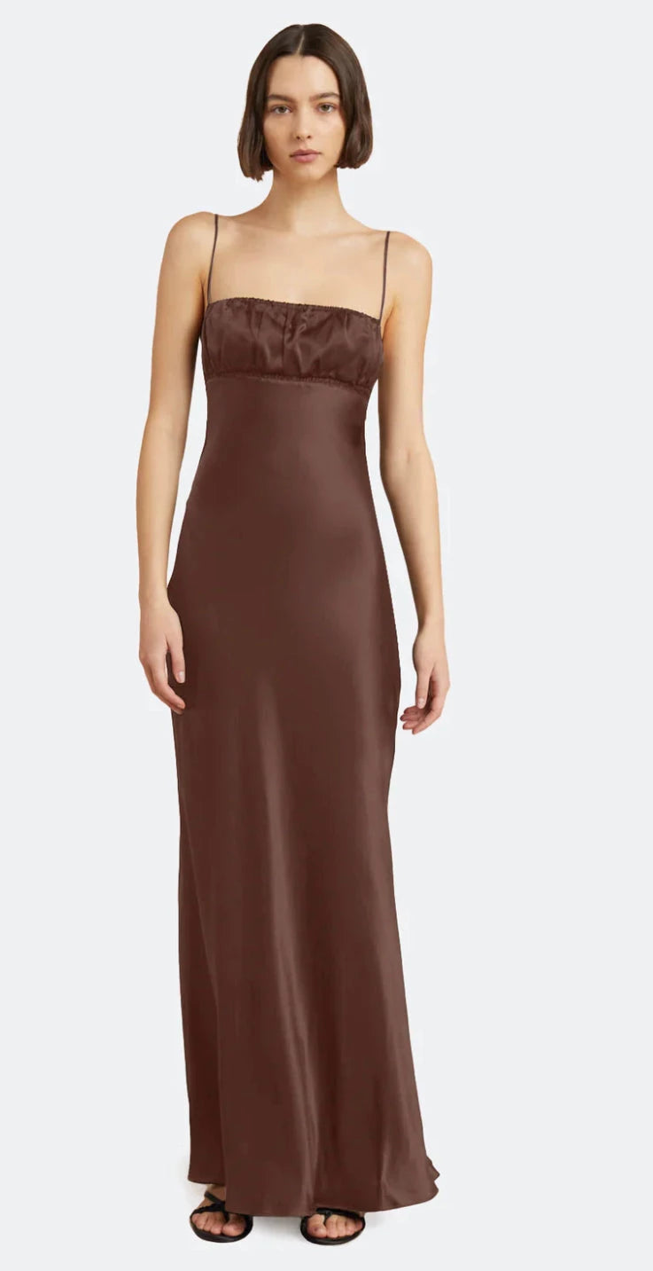 Bec and Birdge Amber Maxi Dress Chocolate front view with white background