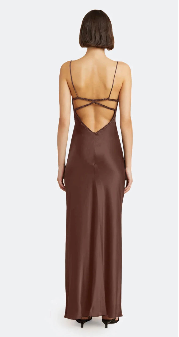 Bec and Bridge Amber Maxi Dress Chocolate brown rear view with white background