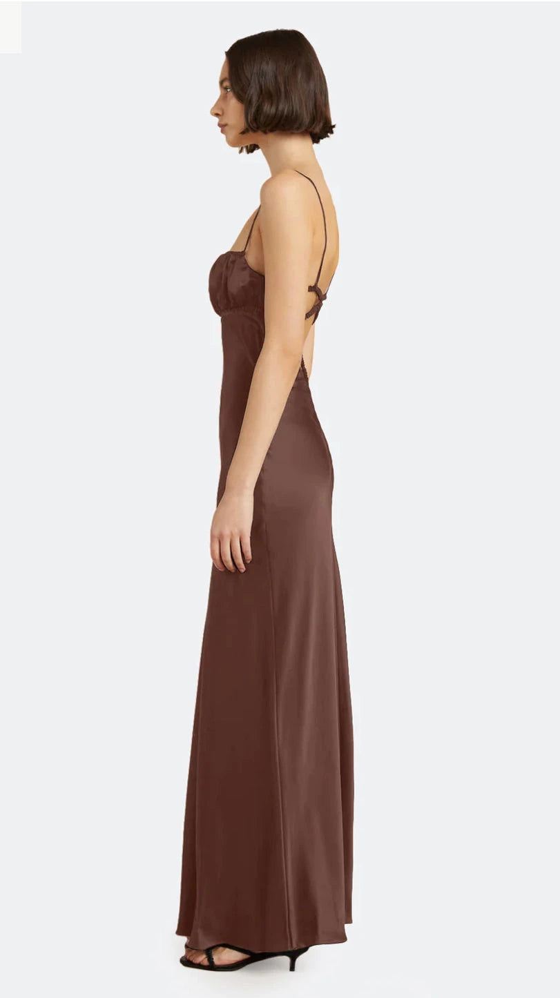 Bec and Bridge Amber Maxi Dress in choclate side view with white background