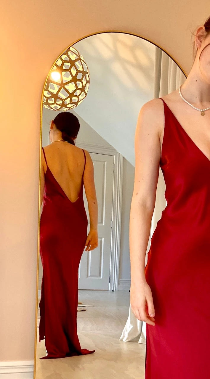 Natalie Rolt Celine Dress Red Silk view of back reflected in a mirror