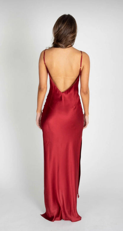 Back of red Natalie Rolt Celine Silk Dress rental available 