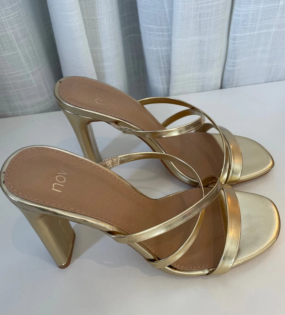 Gold Novo Strappy Heels side view with white background