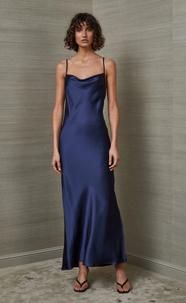 Bec & Birdge Mirelle Maxi Dress in Navy with cowl neck,  front view