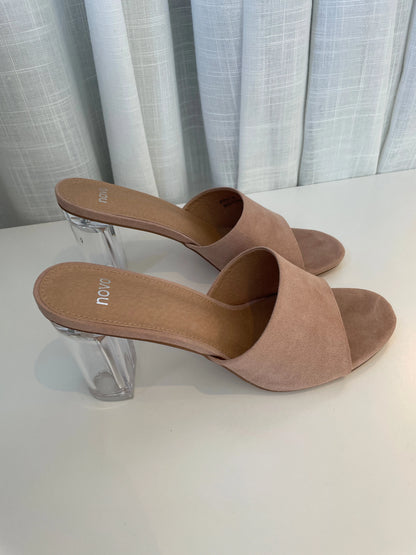 Nude mules with clear heel