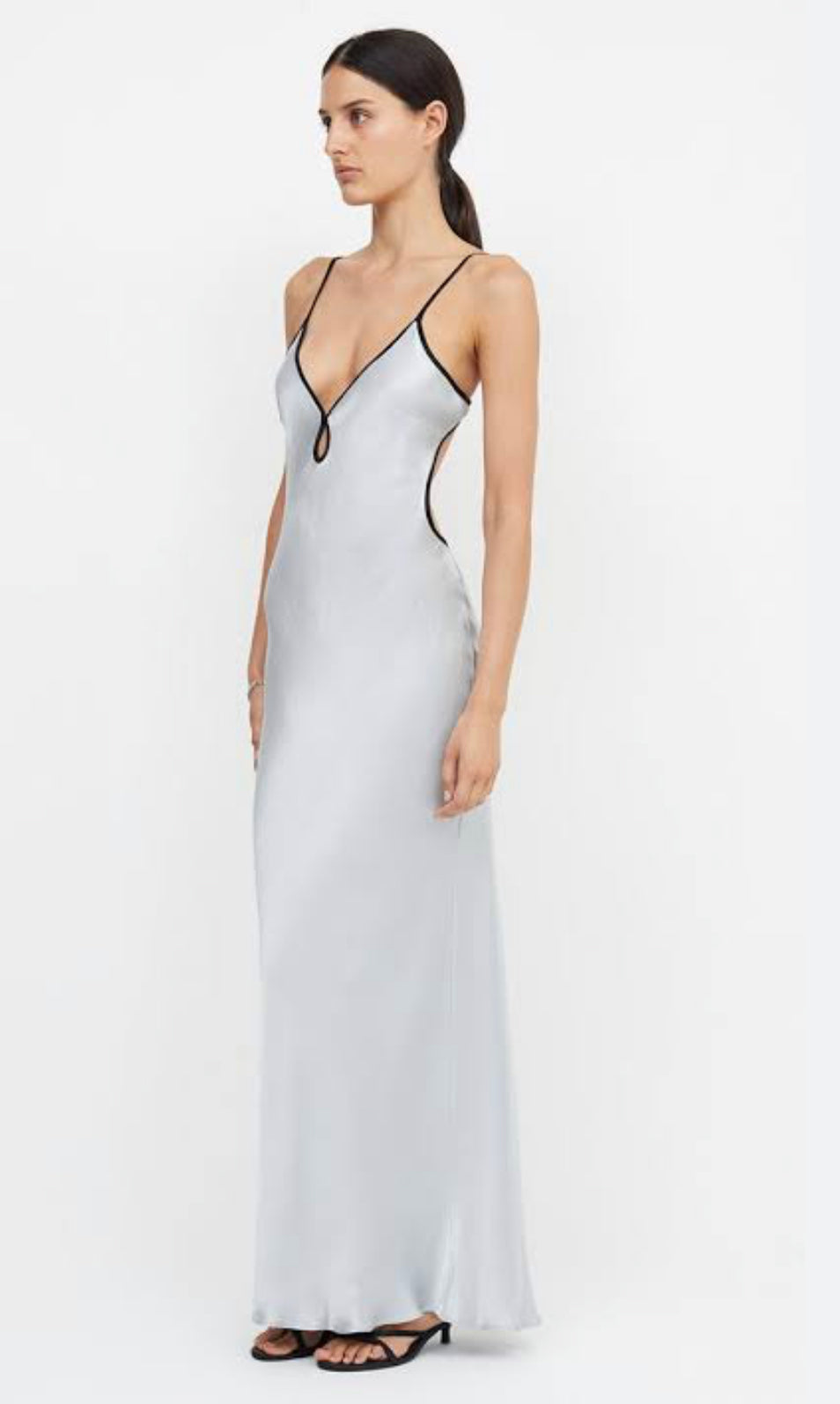 Bec & Bridge Cedar City Silver Maxi Dress angled profile view on white background