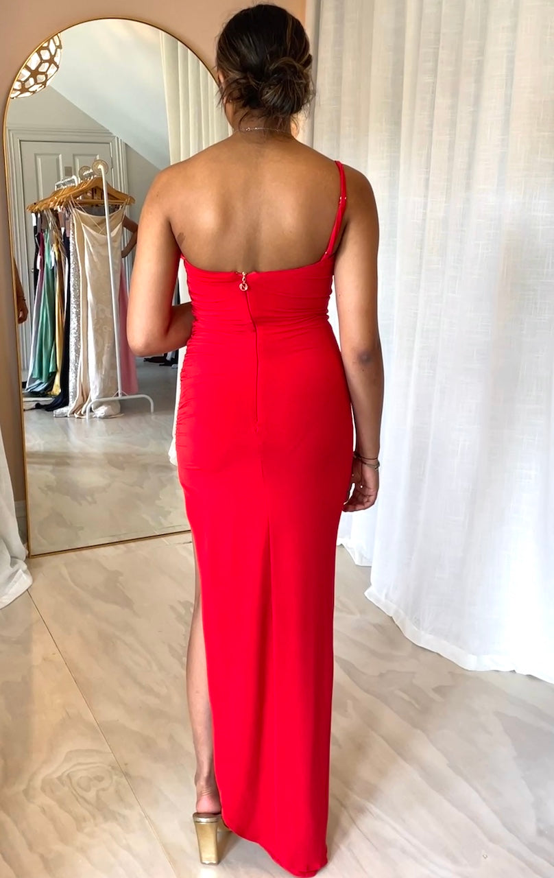 View of back of Nookie Aria Gown in Red