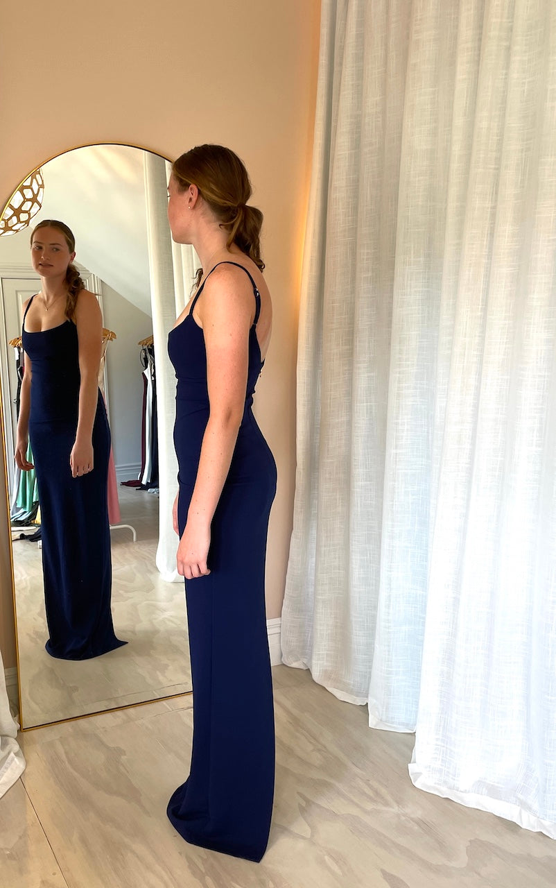 Side view of Nookie Bailey Gown Navy, dress rental Auckland.