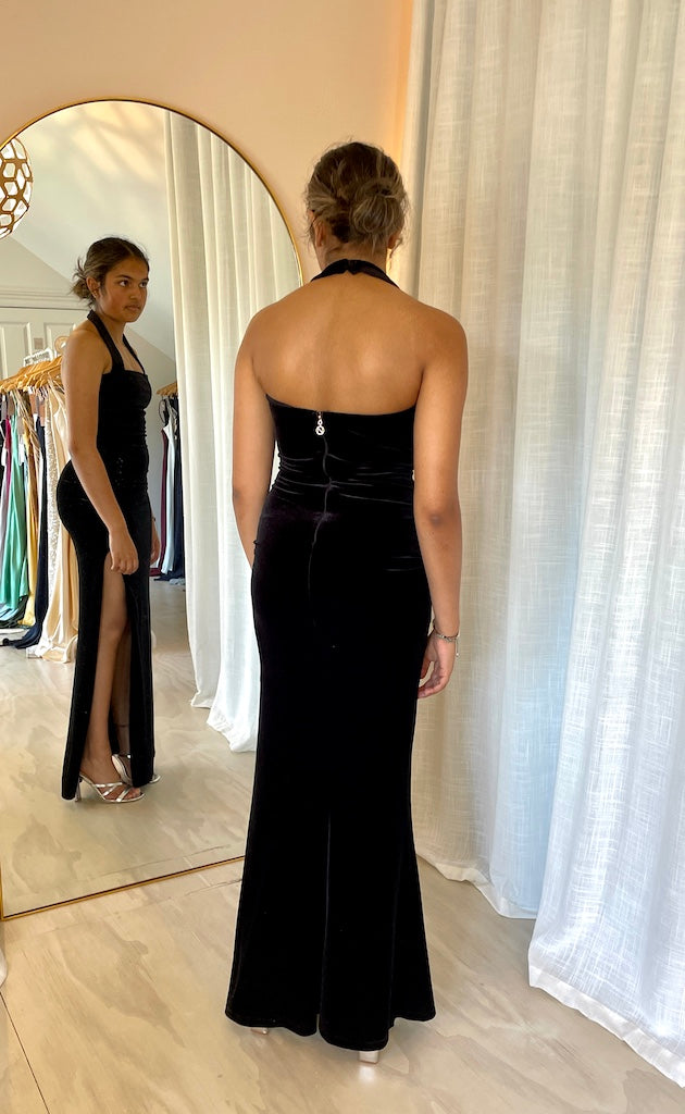 Full length back view of Nookie Velvet Gown in black