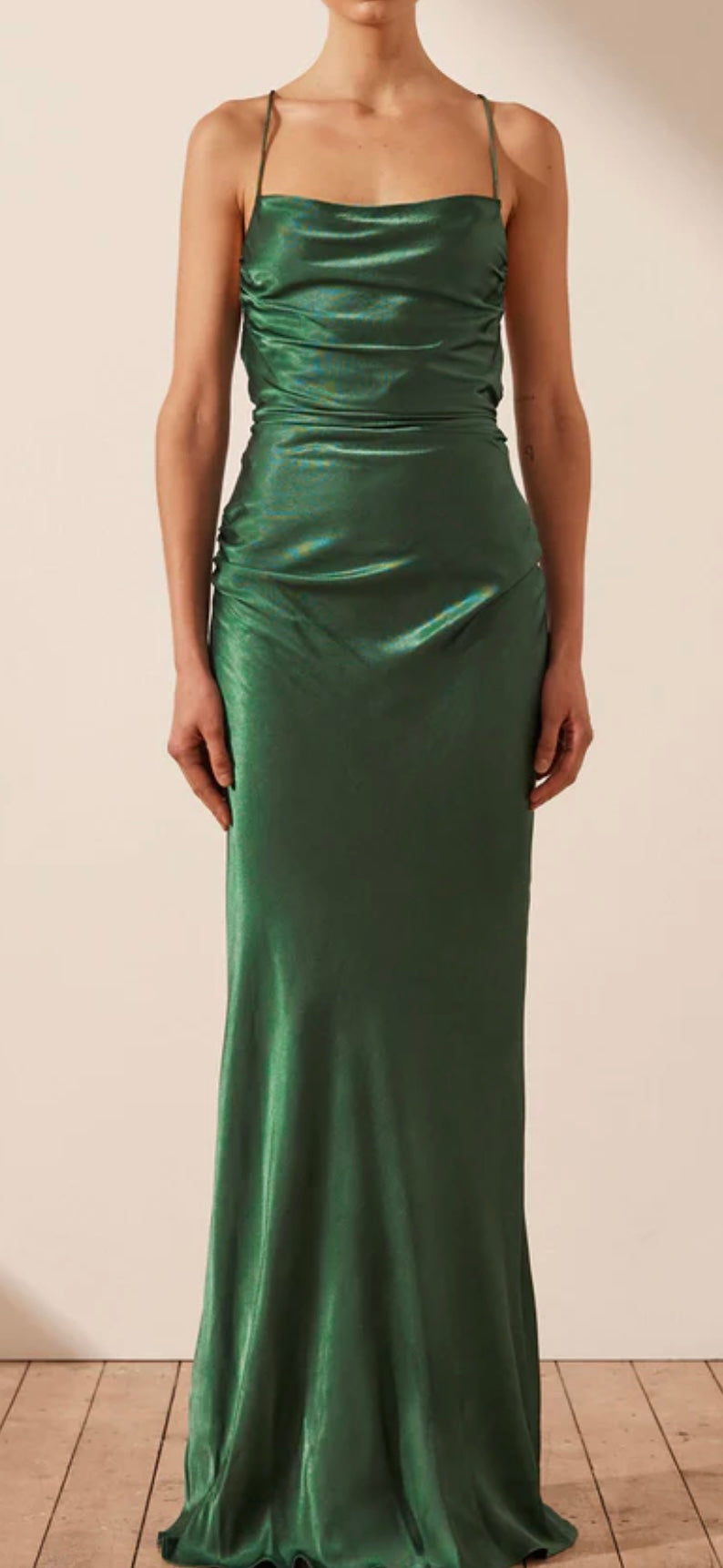 Shona Joy Angelica Maxi Dress in Basil Green front view with floor boards and white wall
