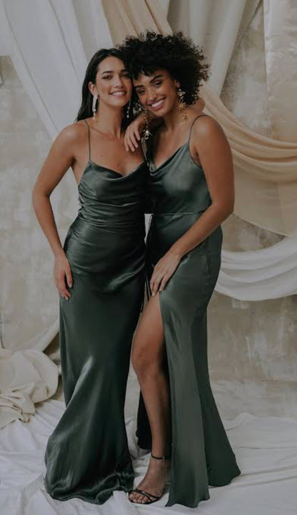 Shona Joy La Lune Dresses in Olive. Two models smiling with cream draped background 