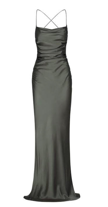 Shona Joy La Lune Lace Back Maxi Dress in Olive front shown on white background