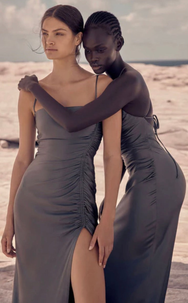 Shona Joy La Lune Dresses in Olive two models with beach behind